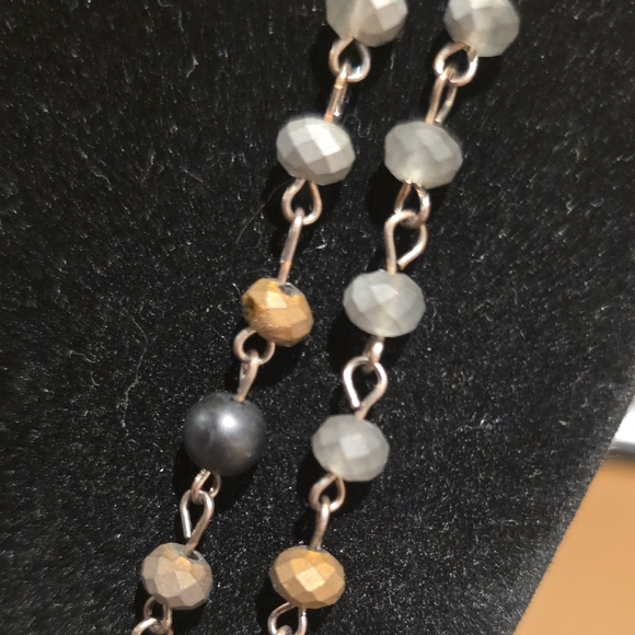 Dual-Strand Rosary Necklace with Cross Pendant - Black, Gray, Gold - Picture 5 of 6